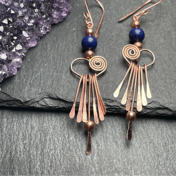 Genuine Blue Lapiz Lazuli Beaded Fringe Copper Earrings Artisan Designed - Picture 12 of 15